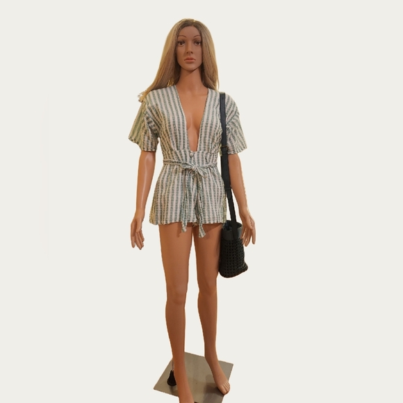 SPRING BOHO Lovers +FRIENDS Striped Green and White Romper, - Picture 4 of 14